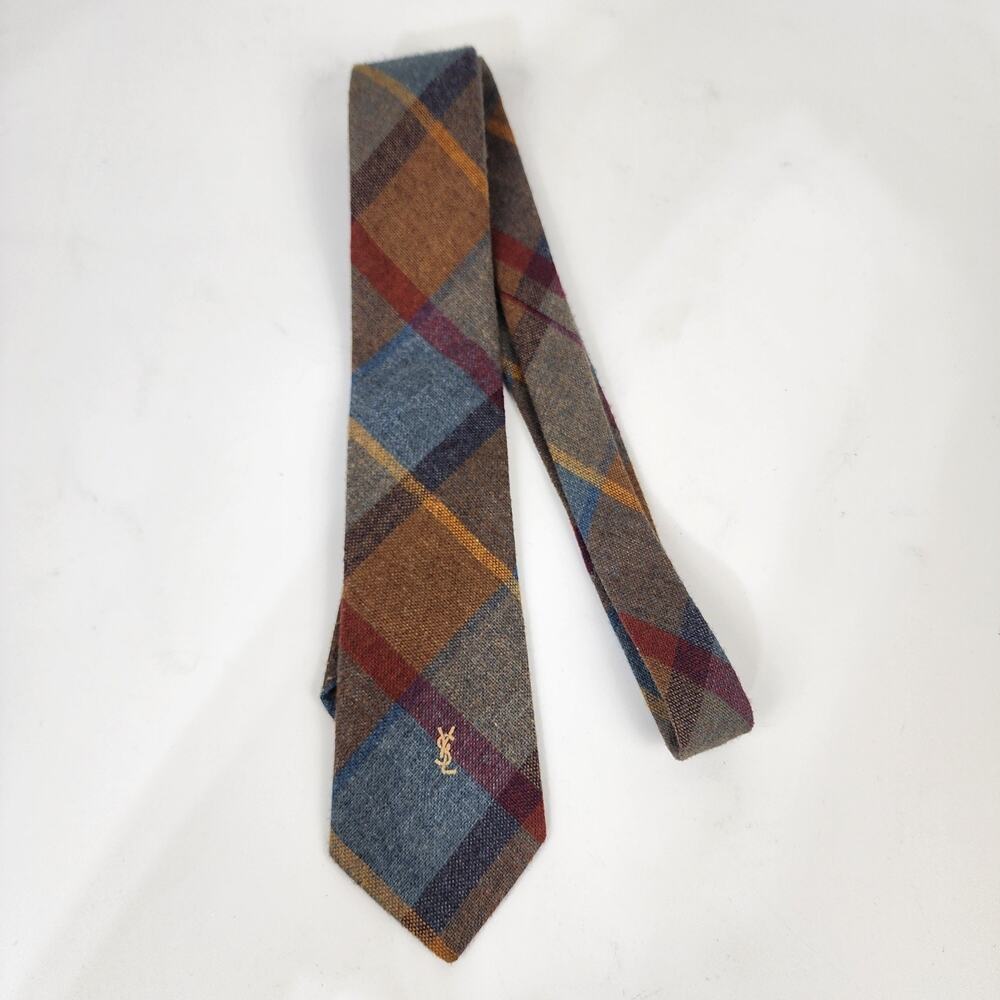 Yves Saint Laurent Brown Plaid Wool Tie with Blue and Burgundy Accents